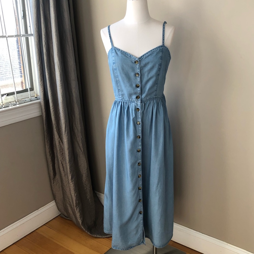 H&M Chambray Denim Lyocell Button Front Spaghetti strap Midi Dress M